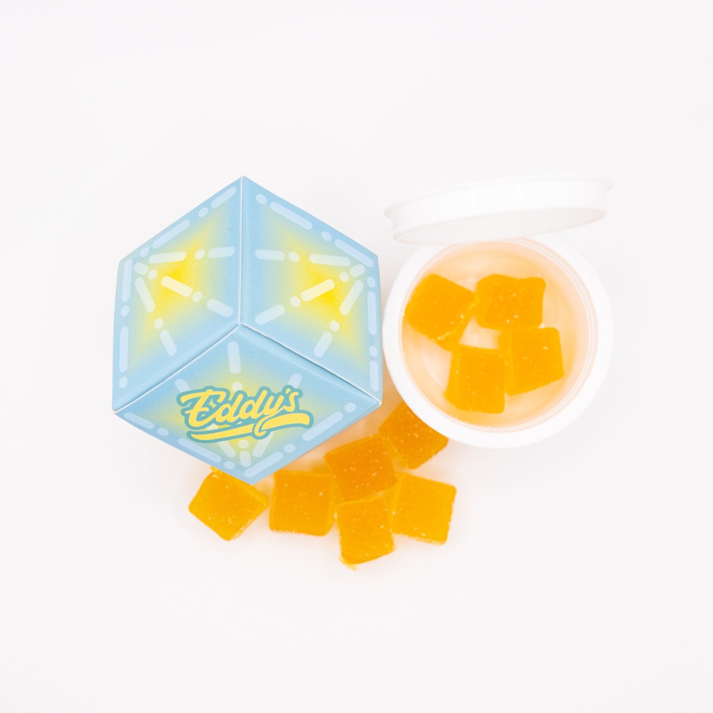 Eddy's box with gummies spilling from the jar